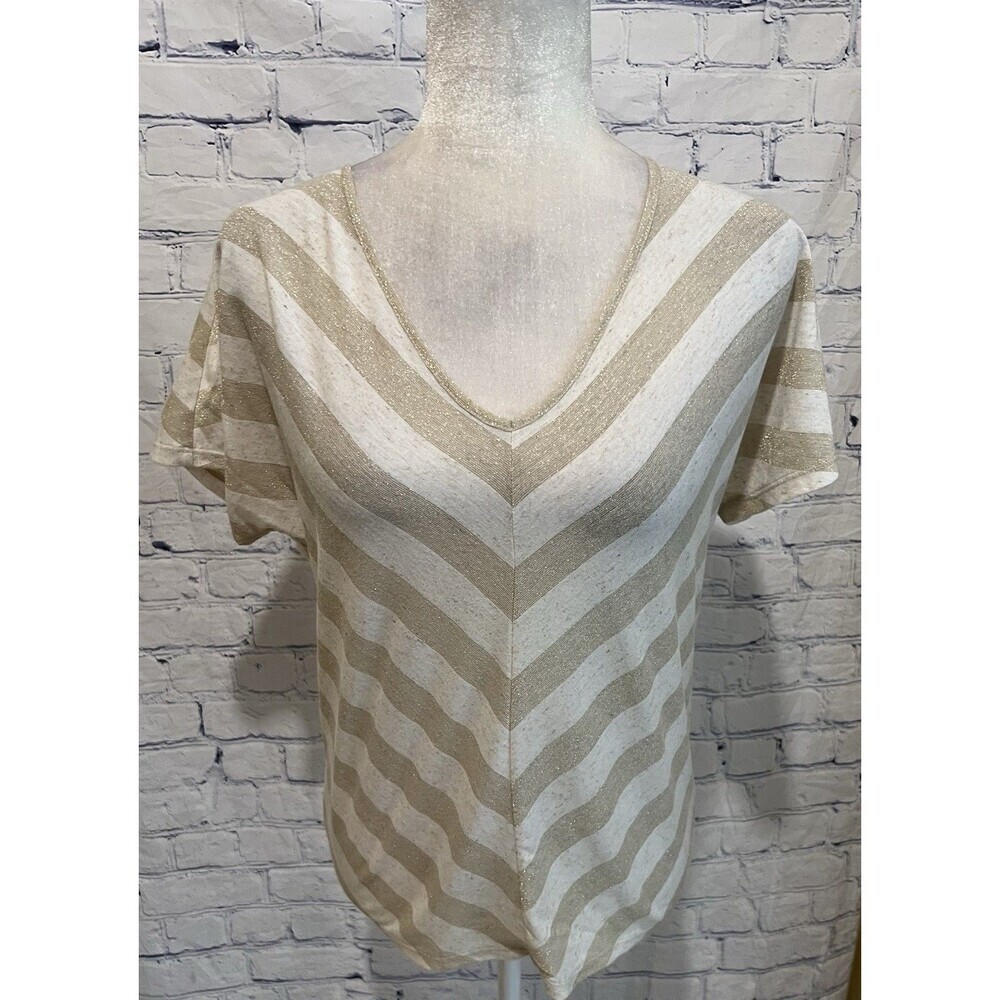 Chicos Top Beige Striped V Neck Gold Thread  Short Sleeve Linen Blend 0/Small